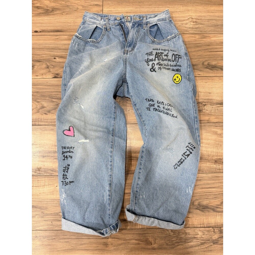 Women’s Size S High Rise Wide Leg Jeans Graffiti Y2K Vintage Wash